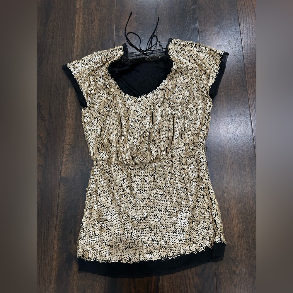 Aiden Sequin Embellished Black and Gold Women's Top Size 0